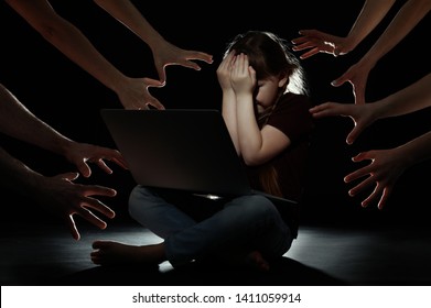 Strangers Reaching Frightened Little Child With Laptop On Dark Background. Cyber Danger