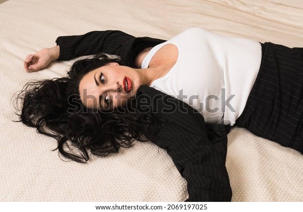 Strangled Beautiful Woman Bedroom Simulation Crime Stock Photo ...