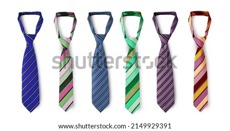 Strapped neckties in different colors, men's striped ties. Isolated on white background
