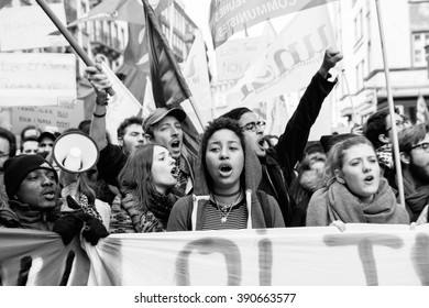 STRASBOURG, FRANCE - 9 MAR 2016: Crowd yelling as part of nationwide day of protest against proposed labor reforms by Socialist Government