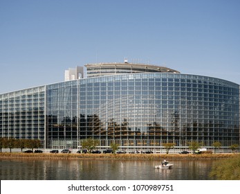 STRASBOURG, FRANCE - APR 17, 2018: National Gendarmerie boat near European Parliament facade during Emmanuel Macron, visit in a bid to shore up support for his ambitious plans for post-Brexit reforms