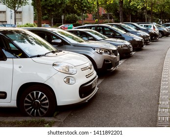 Strasbourg, France - Apr 8, 2017: Rows Of Multiple Cars Parked In Residential Neighborhood In French City