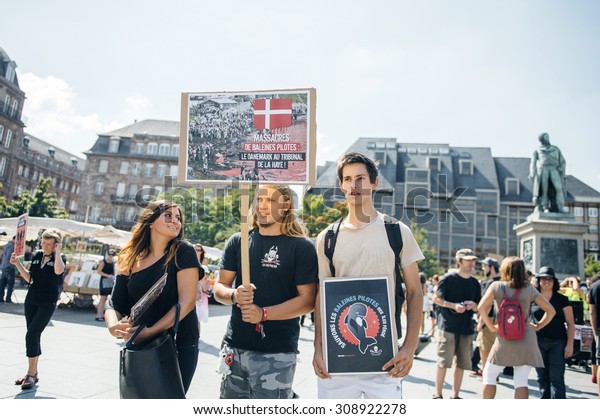 STRASBOURG,\
FRANCE - AUG 22, 2015: Marine conservation non-profit organization\
Sea Shepherd protesting against the slaughter of pilot whales and\
arrest of 7 crew members - people\
marching