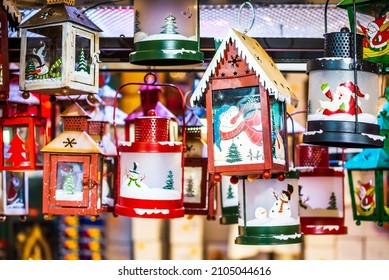 Strasbourg, France. Christmas Market In Alsace - Marche De Noel Decorations In Strasburg.