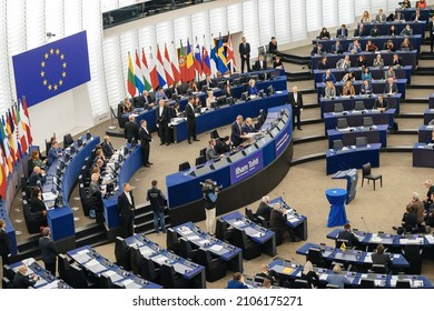 Strasbourg, France - Dec 18, 2019: Speech of European Parliament President David Sassoli during plenarry sesion Sakharov Prize: daughter of laureate Ilham Tohti receives prize on his behalf