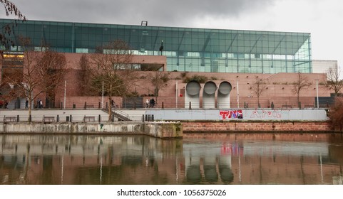 Strasbourg, France - December 28, 2017 : Architectural Detail Of The Museum Of Modern Art In Strasbourg On A Winter Day. Inaugurated In December 1998 By Culture Minister Catherine Trautmann.