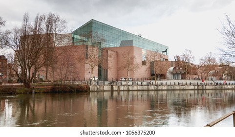 Strasbourg, France - December 28, 2017 : Architectural Detail Of The Museum Of Modern Art In Strasbourg On A Winter Day. Inaugurated In December 1998 By Culture Minister Catherine Trautmann.