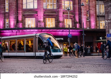 Strasbourg, France - Feb 14, 2019: Busy Central Part Of The City With Lots Of Pedestrians, Tramway In Front Of Galeries Lafayette Department Store - Life Before Covid-19 Pandemic