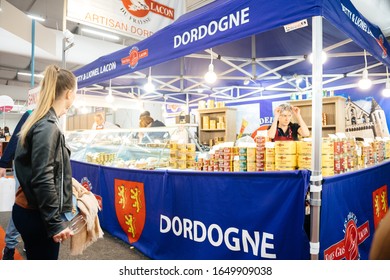 Strasbourg, France - Feb 16, 2020: Dordogne Traditional Food At French Wine At The Vignerons Independant English: Independent Winemakers Of France Wine Fair For Private And Horeca Customers