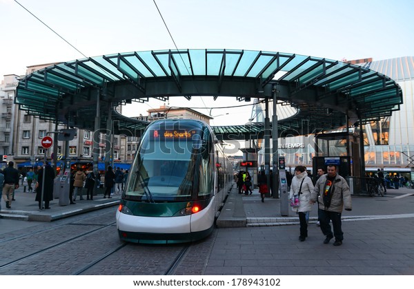 STRASBOURG,\
FRANCE - FEB 17 2014: Kleber Strasbourg tram stop in the square is\
serving thousands of passengers every\
day