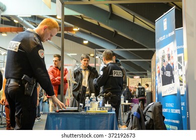 STRASBOURG, FRANCE - FEB 4, 2016: Children And Teens Of All Ages Attending Annual Education Fair To Choose Career Path And Receive Vocational Counseling - French Police Stand