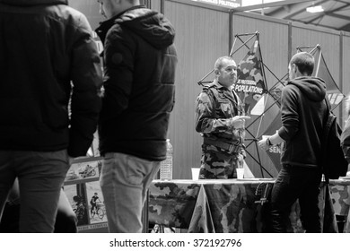 STRASBOURG, FRANCE - FEB 4, 2016: Children And Teens Of All Ages Attending Annual Education Fair To Choose Career Path And Receive Vocational Counseling - French Army Stand