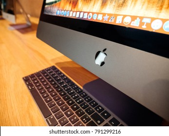 STRASBOURG, FRANCE - JAN 11, 2018: Apple logo on the new iMac Pro the all-in-one personal computer in Apple Computers Store. Apple claims the iMac Pro is the most powerful Mac ever made
