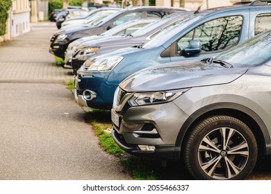 Strasbourg, France - Jan 28, 2018: Row Of Cars Parked On The Street With No People On The Trottoir