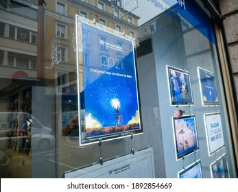 Strasbourg, France - Jan 7, 2021: View From The Street At The Advertising Ooh Poster With 2021 New Year Wishes Of A Travel Agency