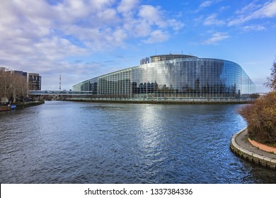 STRASBOURG, FRANCE - JANUARY 2, 2019: Strasbourg European Parliament building (1999) in Wacken district. European Parliament is one of biggest and most visible buildings of Strasbourg.