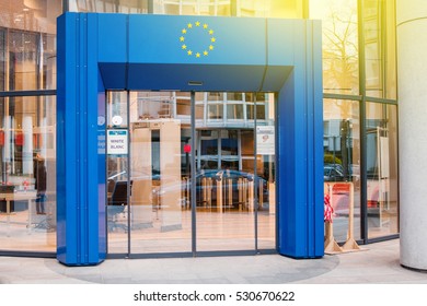 STRASBOURG, FRANCE - MARCH 24, 2015: Official Delegation Entrance To Council Of Europe European Union With Blue Gate And European Union Stars Logo Above And White Security Code Badge On The Door.