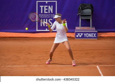 Strasbourg, France - May 19, 2016 - Kristina Mladenovic Hits A Forehand