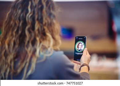 STRASBOURG, FRANCE - NOV 3, 2017: Woman Trying Face ID - Latest Apple IPhone X Goes On Sale In Apple Store Worldwide