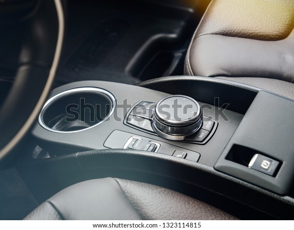 Strasbourg,\
France - Oct 1, 2017: Interior view of modern BMW electric car\
Bayerische Motoren Werke AG i1 0 interior with central control\
buttons gearshift buttons to control the\
car
