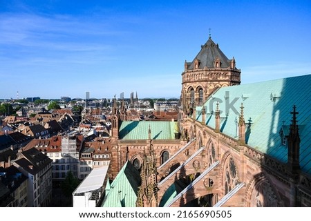 Strasbourg, France: Panoramic view of the city center. Catholic Cathedral of Our Lady of Strasbourg. 