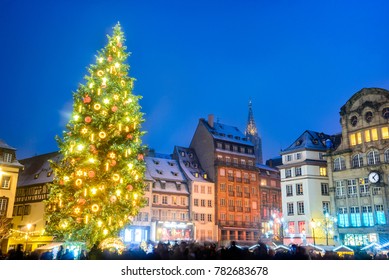 Strasbourg, France. Place Kebler And Christmas Tree, Capitale De Noel In Alsace.