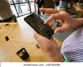 STRASBOURG, FRANCE - SEP 21, 2018: Man Testing AR Tape Ruler On The Newly Released Iphone XS Max In Apple Store During The Launch Day