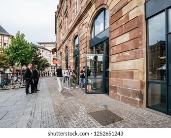 STRASBOURG, FRANCE - SEP 21, 2018: People Waiting In Quee At The Front Of Apple Store Queue During New IPhone Xs Max Watch Series 4