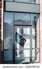 Strasbourg, France - Sep 9, 2022: Advertising On The Apple Store Facade For Latest IPad Air Tablet OOH Advertising