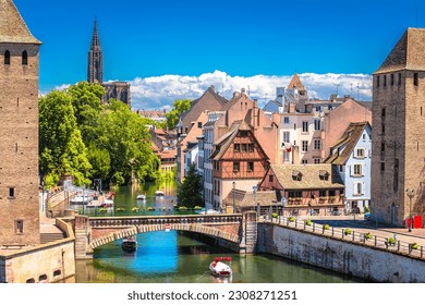 Strasbourg scenic river canal and architecture view, Alsace region of France
