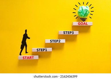 Strat, Step And Goal Symbol. Concept Words Start Step 1 2 3 Goal On Wooden Blocks On A Beautiful Yellow Table Yellow Background. Businessman Icon. Business Start Step 1 2 3 To Goal Concept.