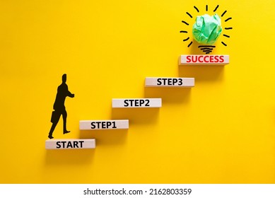 Strat, Step And Success Symbol. Concept Words Start Step 1 2 3 Success On Wooden Blocks On A Beautiful Yellow Table Yellow Background. Businessman Icon. Business Start Step 1 2 3 To Success Concept.