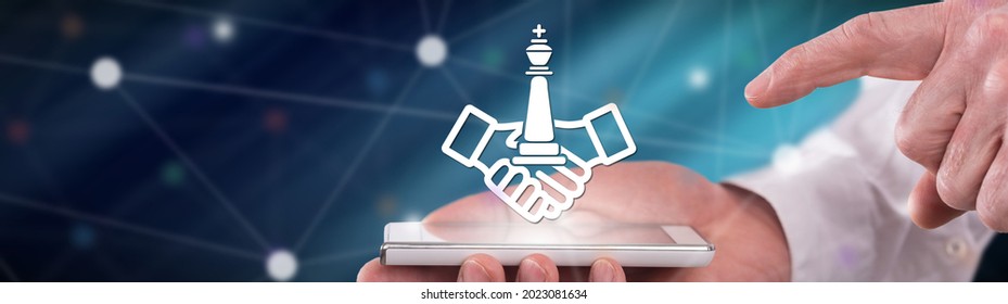 Strategic alliance concept above a smartphone held by a man