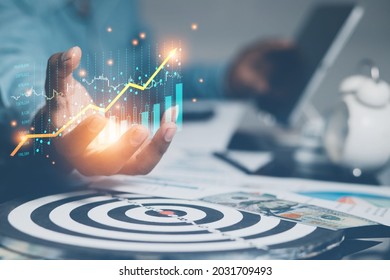 Strategic Goals Stock Market Business Growth Success Concept Businessmen Showcasing Growing Stocks Of Virtual Holograms. Invest In Online Trading Technology.
