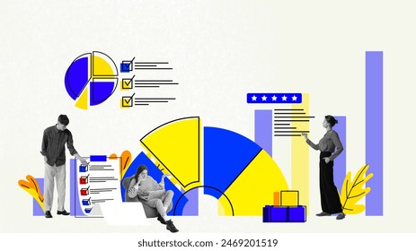 Strategic Planning and Evaluation. Business people engaged in various tools such as checklists, pie charts, and performance bars. Conceptual design. Concept of business, best practice, benchmarking - Powered by Shutterstock