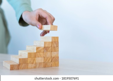 The Strategic Thinking Of Businesswomen Connecting Wood Blocks Is Like Building A Business With A Solid Foundation To Develop To Progress And Business Growth, Business Expansion Concept