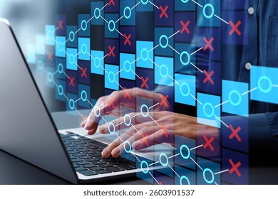 Strategic thinking to find correct solution. Roadmap for achieving objectives. Engineer using laptop computer with trial and error approach.
