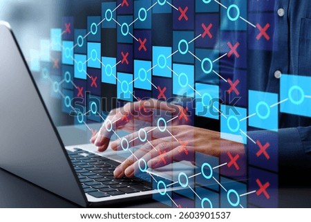 Strategic thinking to find correct solution. Roadmap for achieving objectives. Engineer using laptop computer with trial and error approach.