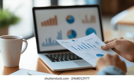 Strategizing Wealth Management: Close-up of Hands Holding Financial Data amidst Office Desktop Dynamics - Powered by Shutterstock