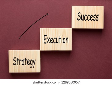 Strategy Execution Success text with wooden blocks in the shape of a staircase. Business Concept