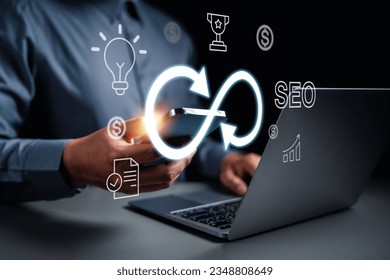 strategy, goal, success, target, aim, futuristic, marketing, performance, achievement, choose. touching smartphone and then hand of palm holds the trophy, strategy, light bulb, target symbolic showing