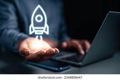 strategy, goal, success, target, rocket, futuristic, scope, marketing, performance, achievement. palm of hands hold rocket, it means fly to your success goal via strategy and performance to achieve. - Powered by Shutterstock - Get 15% off with code: PIKWIZARD15