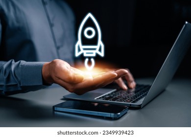 strategy, goal, success, target, rocket, futuristic, scope, marketing, performance, achievement. palm of hands hold rocket, it means fly to your success goal via strategy and performance to achieve. - Powered by Shutterstock - Get 15% off with code: PIKWIZARD15