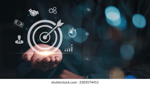 strategy, goal, success, target, social network, aim, futuristic, marketing, performance, achievement. at hand palm has bullseye. around that's social network target and strategy goal. aim and select. - Powered by Shutterstock - Get 15% off with code: PIKWIZARD15