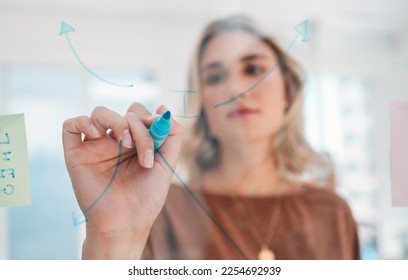 Strategy, idea and woman writing on glass board with blue marker illustration at creative office. Diagram, arrow and drawing for marketing campaign employee brainstorming, planning and thinking. - Shutterstock ID 2254692939