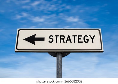 Strategy Road Sign, Arrow On Blue Sky Background. One Way Blank Road Sign With Copy Space. Arrow On A Pole Pointing In One Direction.