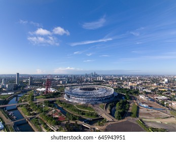 STRATFORD, LONDON - MAY 2017: Aerial view of the West Ham United football stadium and London cityscape.