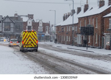 Stratford Upon Avon Warwickshire England UK December 10th 2017 Rear View Of Emergency Ambulance In Blizzard Conditions And Snow All Around