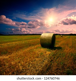 Straw bales on field with blue cloudy sky