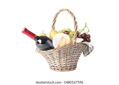 Straw Basket With Wine, Fruits And Cheese Isolated On White Background